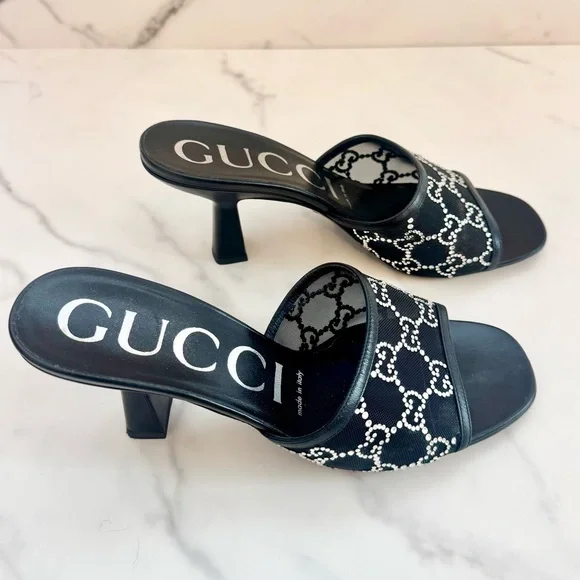 Gucci Black Demi Mesh Crystal Sandal Heels 38 - Picture 5 of 7